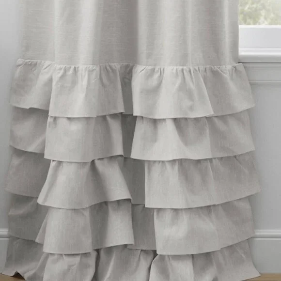 Pottery Barn 2 X Evelyn Linen Blend Ruffle Bottom Blackout Curtains GRAY 44"x84" - Picture 2 of 4
